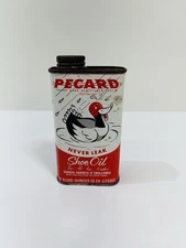 VINTAGE PECARD NEVER LEAK SHOE OIL duck sign metal tin 8oz 1/4 full