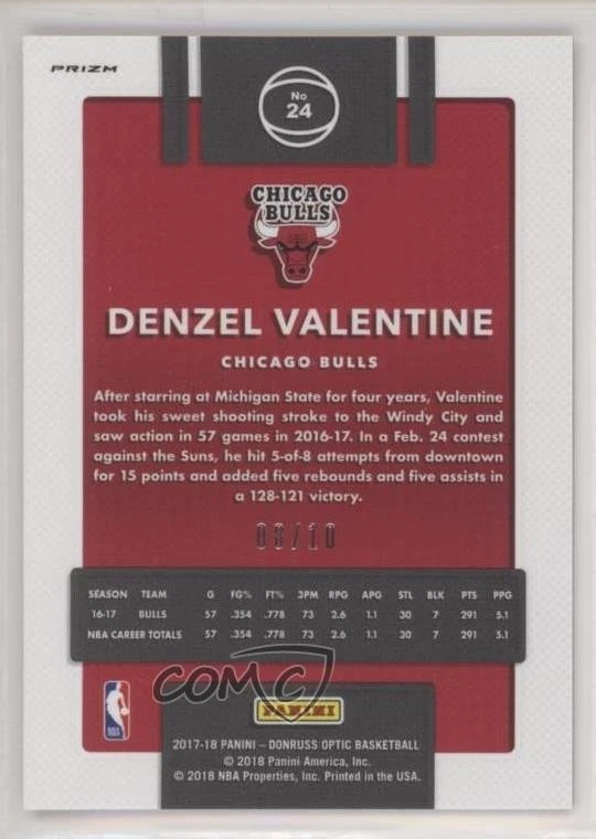 2017-18 Panini Donruss Optic Gold Prizm /10 Denzel Valentine #24 - Image 2 of 2