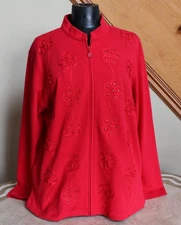 Quacker Factory HOLIDAY Embellished Red Top 100% Cotton Cardigan Jacket Ladies L