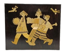 VTG USSR Russian Straw Inlay Marquetry Art Wood Plaque Music Folk Art Wall Decor