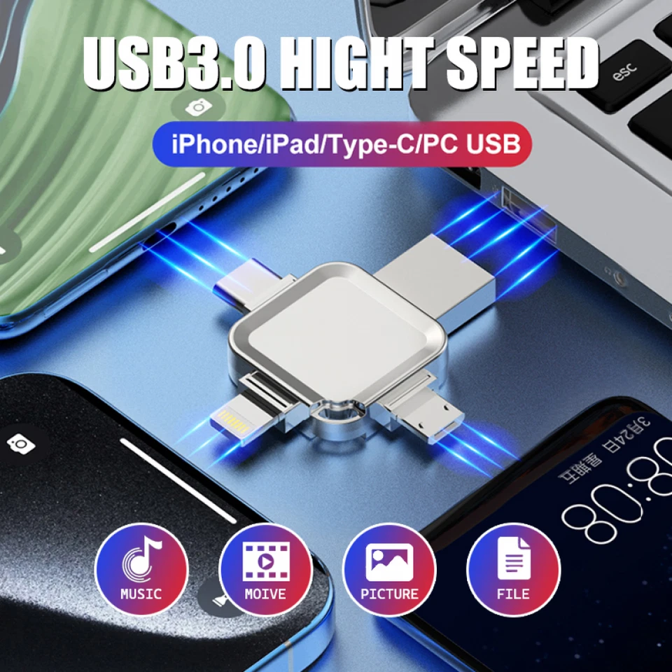 2T/1T Flash Drive 4IN1 USB3.0 Memory Photo Stick for iPhone Android iPad Type C - Image 2 of 4