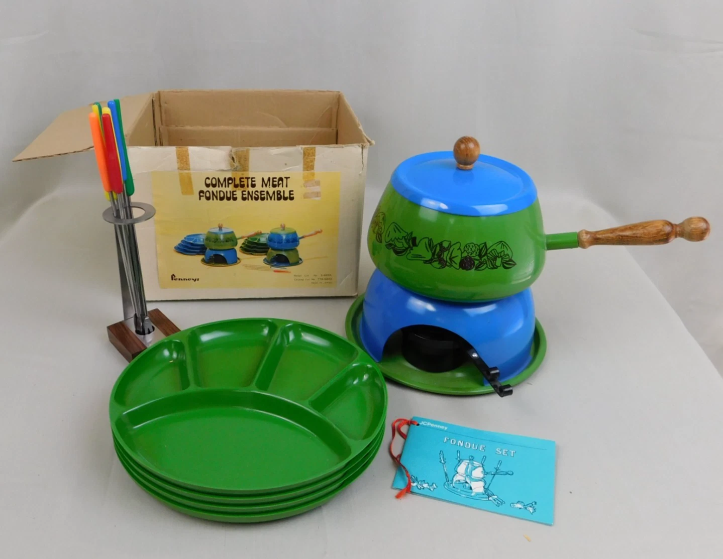 Vintage 70s JC Penney Retro Blue & Green Groovy Mushrooms Fondue Set w/ Plates