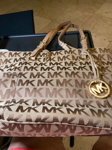 Michael Michael Kors MK Signature Khaki Canvas Tote Shoulder Bag 15" x 12"
