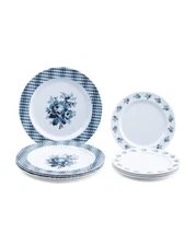 LAURA ASHLEY Melamine DINNER AND Salad Plates Gingham Stripe Bouquet 8pc Set NEW