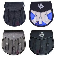 SCHOTTISCHER KILT SPORRANS 3 QUASTEN & DISTEL SCHWARZ RINDSLEDER + Kettengürtel