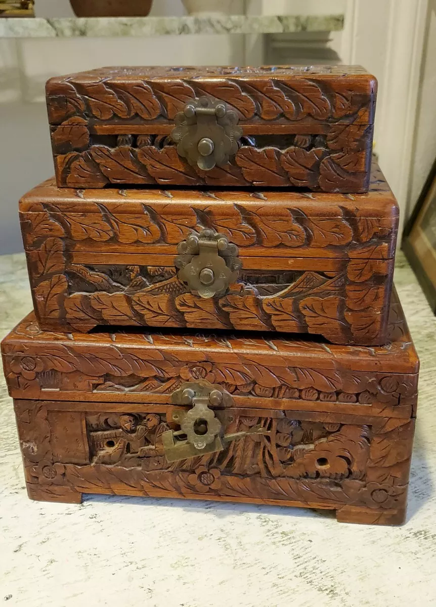 Set of 3 Antique Chinese Carved Boxes Ornate Wood Brass Closure Lock Wooden  Box