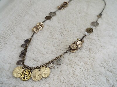 Silvertone Brass-tone Hammered Disk Charm Cluster Chain Necklace (F34)