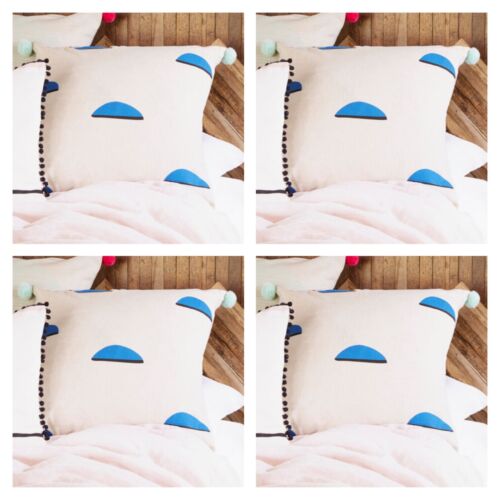 Blue Mushroom Pebble Cushion Covers Organic Linen 24x24" Duck Egg Pom - Set of 4 - Picture 1 of 6