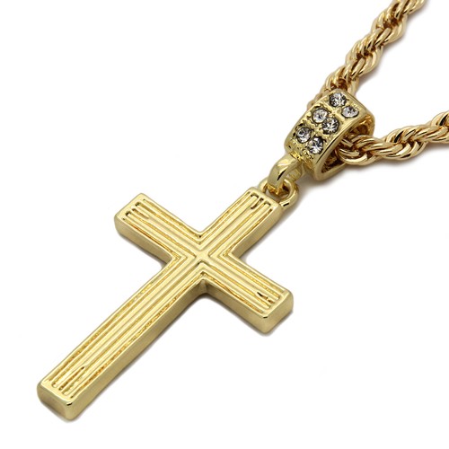 Mens 14k Gold Plated Line Cross Pendant 