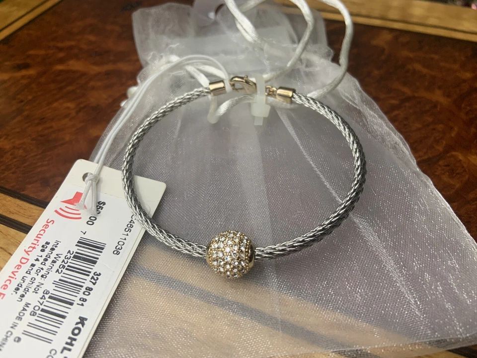NUEVO CON ETIQUETAS PRECIO DE VENTA SUGERIDO POR EL FABRICANTE $50 Brazalete de alambre de diamantes de imitación de acero inoxidable tono dorado plateado Kohl's Foto 4 de 4
