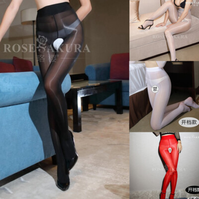 Women's Crotchless Ultra Oily Shiny Glossy Open Gusset Pantyhose Stockings 0811
