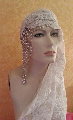 Gatsby 20\'s Silver Ivory Lace Crystal Head… 1920 main image 4