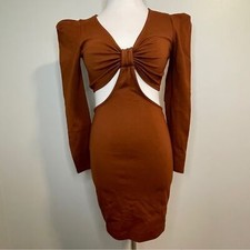 Socialite Cut Out Puff Sleeve Bodycon Mini Dress Camel Brown XS
