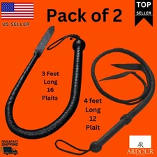 Genuine Black Cowhide Leather Bull Whip 3FT | 16 Plait Braided Riding Whip