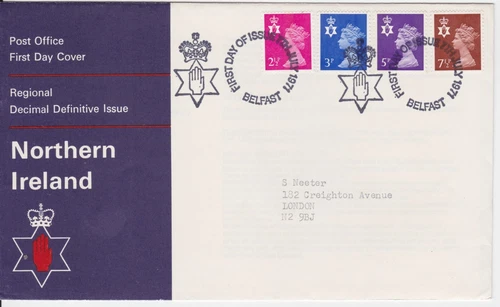 GB ROYAL MAIL FDC 1971 NORTHERN IRELAND MACHIN DEFINITIVES BELFAST PMK