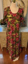 Vintage 70s Hawaiian Tropical Floral Green Pink Kaftan Muumuu Handmade -L