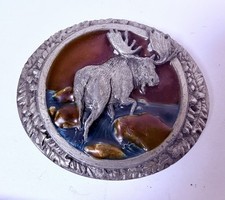 1985 Bergamot Brass Works Moose Pewter Enamel Belt Buckle USA MADE