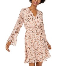 As U Wish Womens Animal Print Surplice Dress, Beige, XX-Small