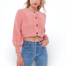 For Love  Lemons Whitney Mohair Crop Cardigan S Pink Balloon Sleeve Sweater