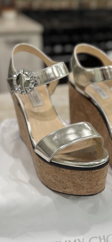 Jimmy Choo “Nylah” Metallic Silver Cork Platform Crystal Buckle Sandal 38EU/8US