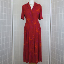 St Michael Shirt Dress Size 14 Red Floral Pockets Tie Backs Midi Side Slits VTG