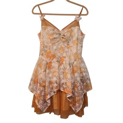 Y2K Women Floral Lace Overlay Fairy Mini Dress Whimsical Sheer Butterfly Orange 