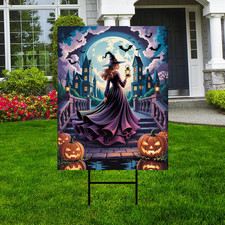 Halloween Yard Sign Witch with Pumpkins Haunted House Outdoor Decor