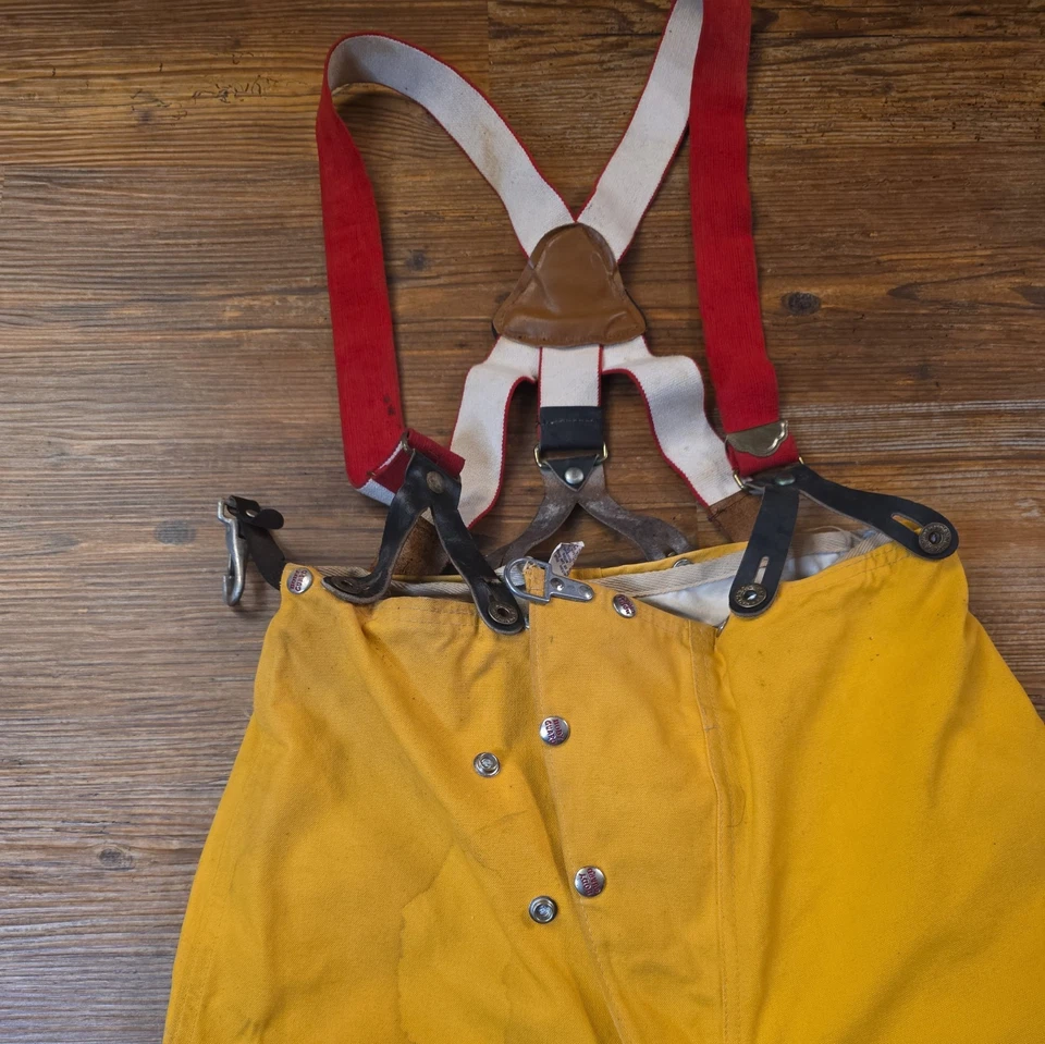 Vtg. 60s Fireman Trousers Turnout Overalls Body Guard yellow Canvas Buckle 29x28 - Image 4 of 4