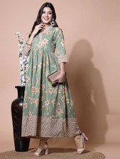 Green Anarkali Kurta Women Printed Flared Indian Kurti Calf Length Dress Tunic