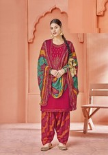 Pure Viscose Rayon Wine Pink Patiala Suit  Heavy Embroidered Kurta with Multico