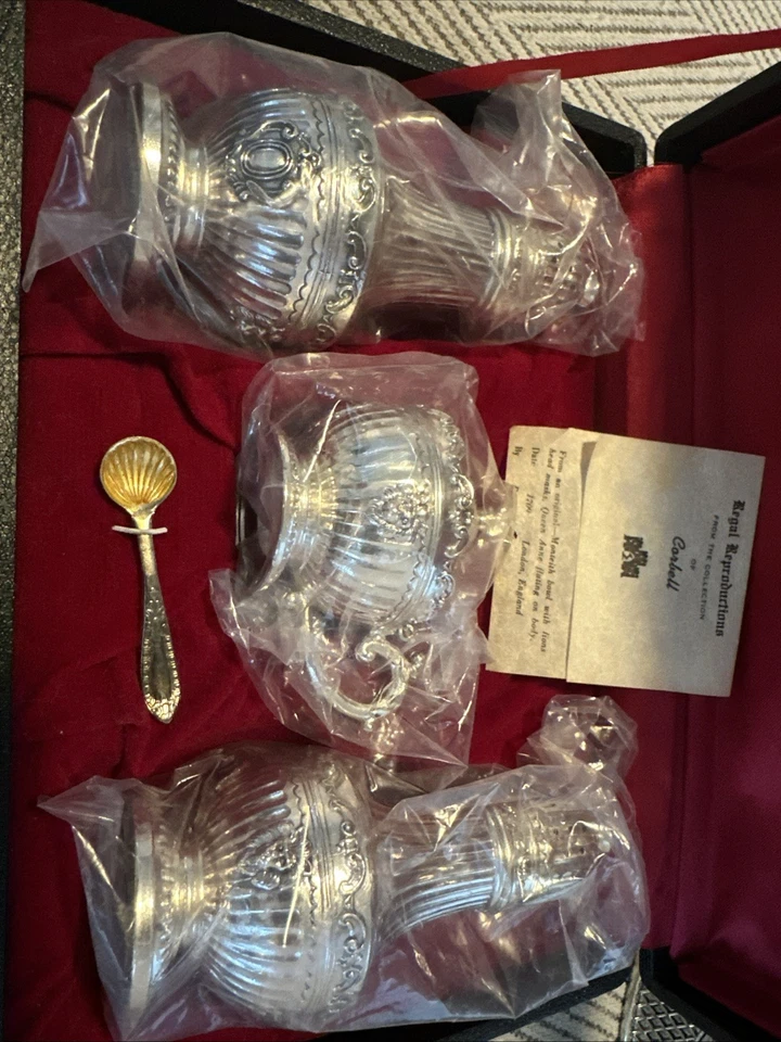 Juego de caja de platos de plata vintage Corbell & Co Salt & Pep & Sugar auténtico regal rep. Foto 2 de 4