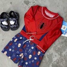 NWT Toddler Boy Summer Bundle Size 7 Sandals 2t Spider-Man swimsuit set