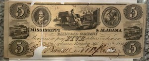 1838 $5 The Mississippi & Alabama Rail Road Co. - Brandon, MS Note 063012