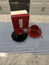 Vintage Echizen Lacquer Ware Japan Cups And Saucer Set With Spoons