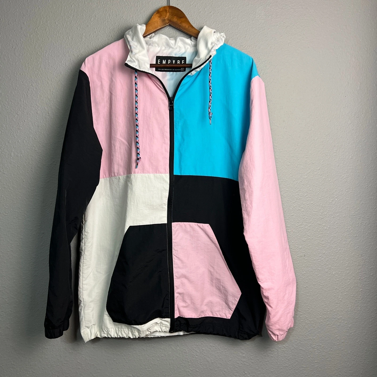 Empyre 90s Y2K Color Block Windbreaker Jacket Large Lightweight Hooded Pink Blue