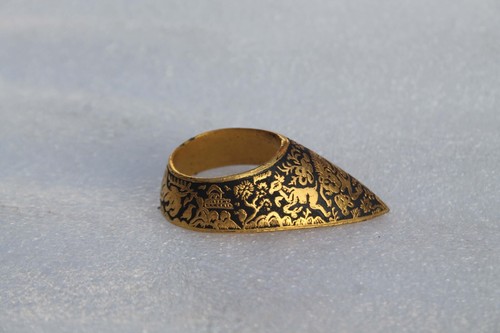 old Mughal Islamic ottoman jungle hunting gold damascened archery's thumb ring - Picture 7 of 24