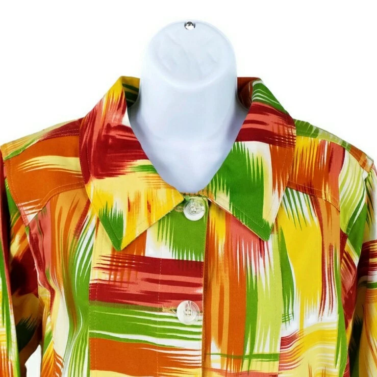 Chaqueta CJ Banks Multicolor Naranja Verde Manga 3/4 Botón Frontal Mujer 1X Nueva con Etiquetas Foto 2 de 4