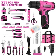 ValueMax 233PCS Pink Home Tool Kit with 12V Cordless Li-ion Drill w/ Storage Bag