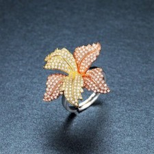 Beautiful Rose Yellow Gold Over 925 Real Silver Leaf Ring With 4.60ct Round CZ