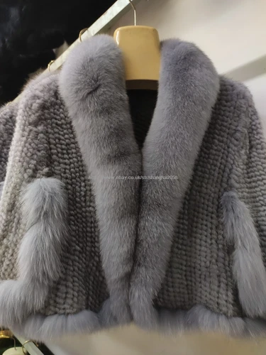 Handmade Knit Real Genuine Mink Fur Coat with Fox Fur Collar Shawls Wraps Cape - Picture 17 of 47