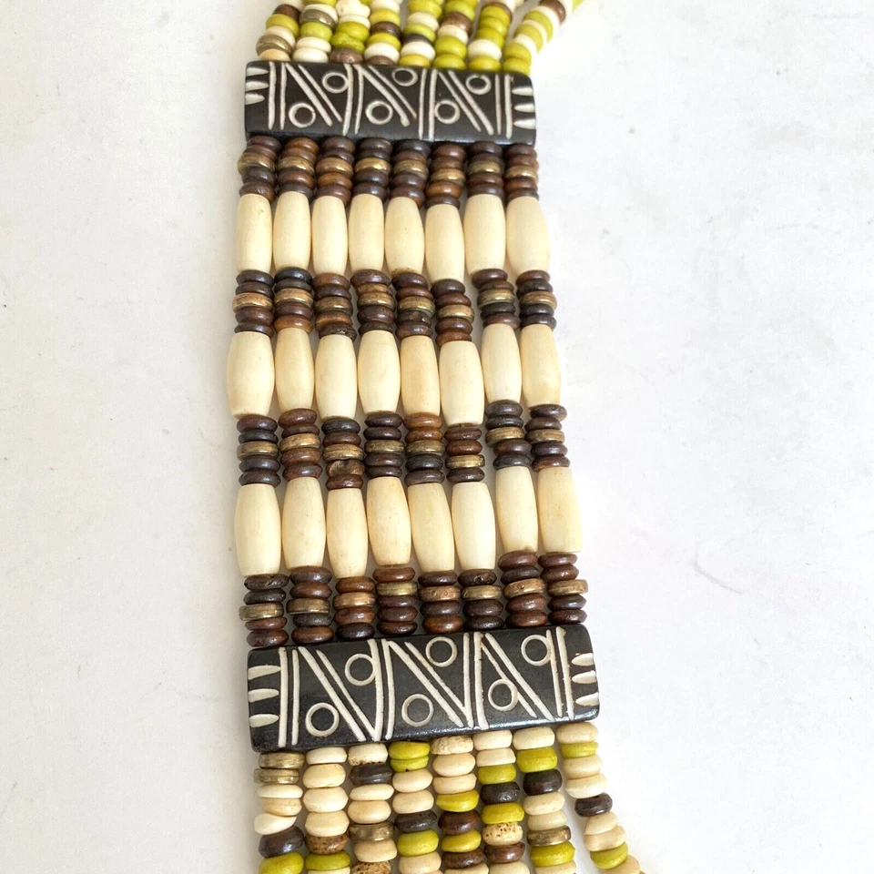 "Collar babero Chicos bohemio tribal 8 hebras verde marrón crema hueso cuentas 38""" Foto 4 de 4