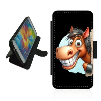 Pferd Handyhülle Geldbörse für iPhone Samsung Flip Drawing HOR1 Peeking lächelnd