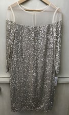 R M Richards Women's Sequin Long Sleeve Knee-Length Evening Dress Champagne NWT