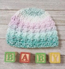 crochet handmade baby newborn hat 0/3 month girls purple chuckles teal puffs