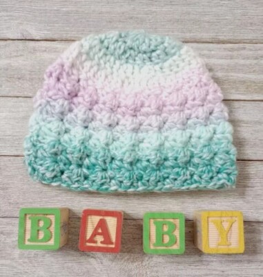 crochet handmade baby newborn hat 0/3 month girls purple chuckles teal puffs new
