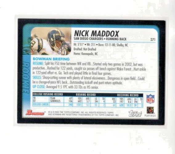 2003 Bowman #271 - Nick Maddox RC - San Diego Chargers - Image 2 of 2