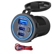 USB QC3.0 & Dual PD USB C Car Charger Socket 12V USB Outlet for RV Boat Marine