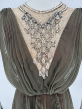 Vintage 60s Jack Bryan XS Chiffon Rhinestone Beaded Olive Cocktail Dress Society