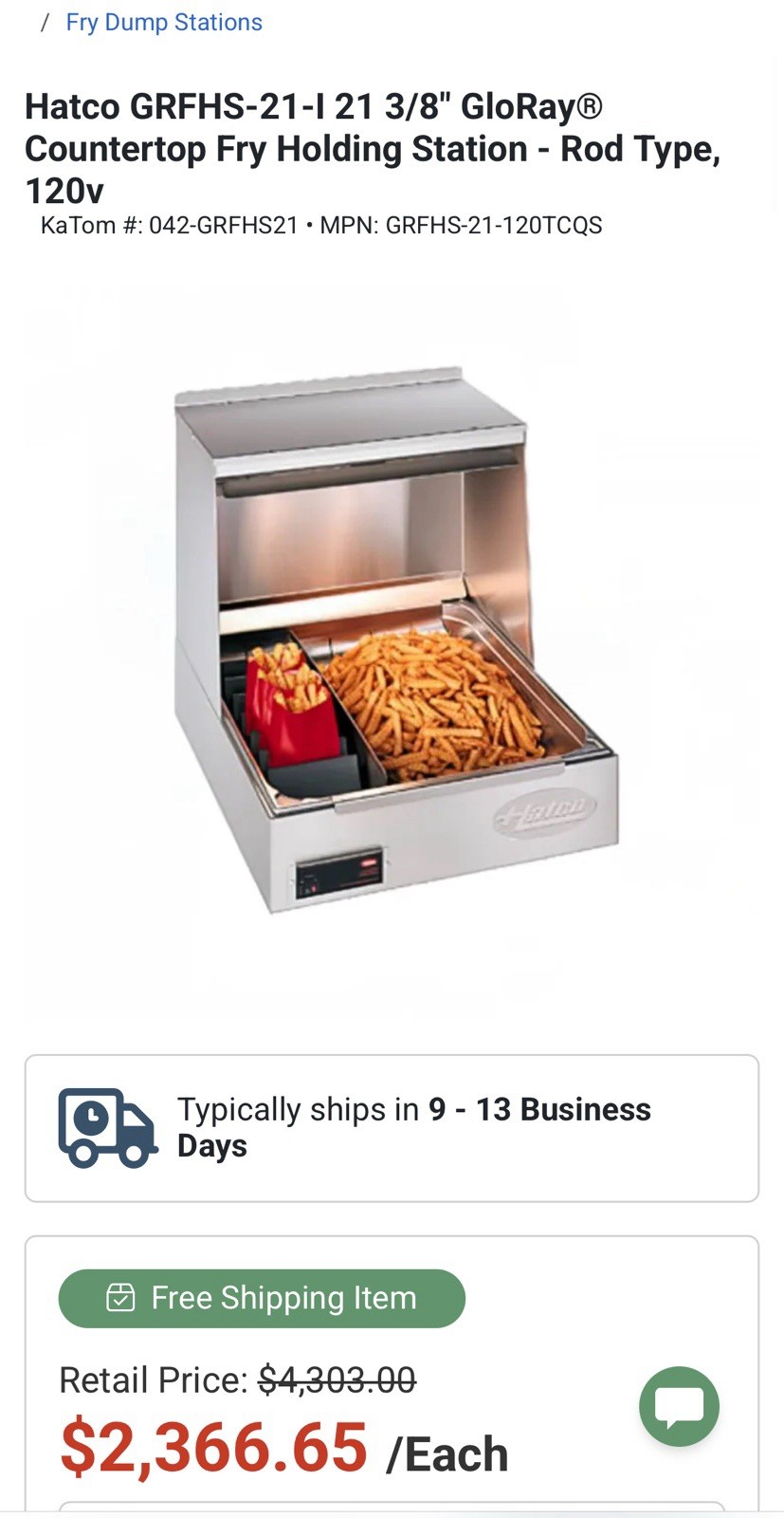 Hatco GRFHS-21 Glo-Ray 21" Portable Fry Holding Station 120V Fry dump station