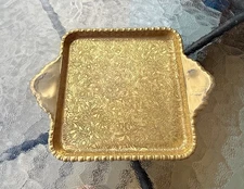 Antique Vintage Square Gold Flower Embossed Glass Dish or Vanity Tray 8” 